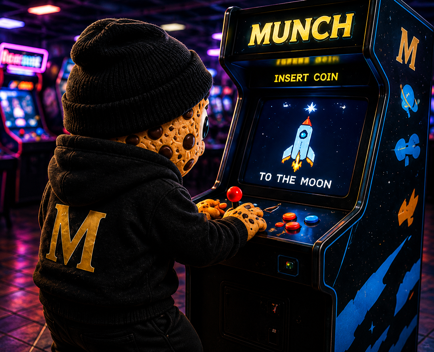 Munch character playing an arcade game