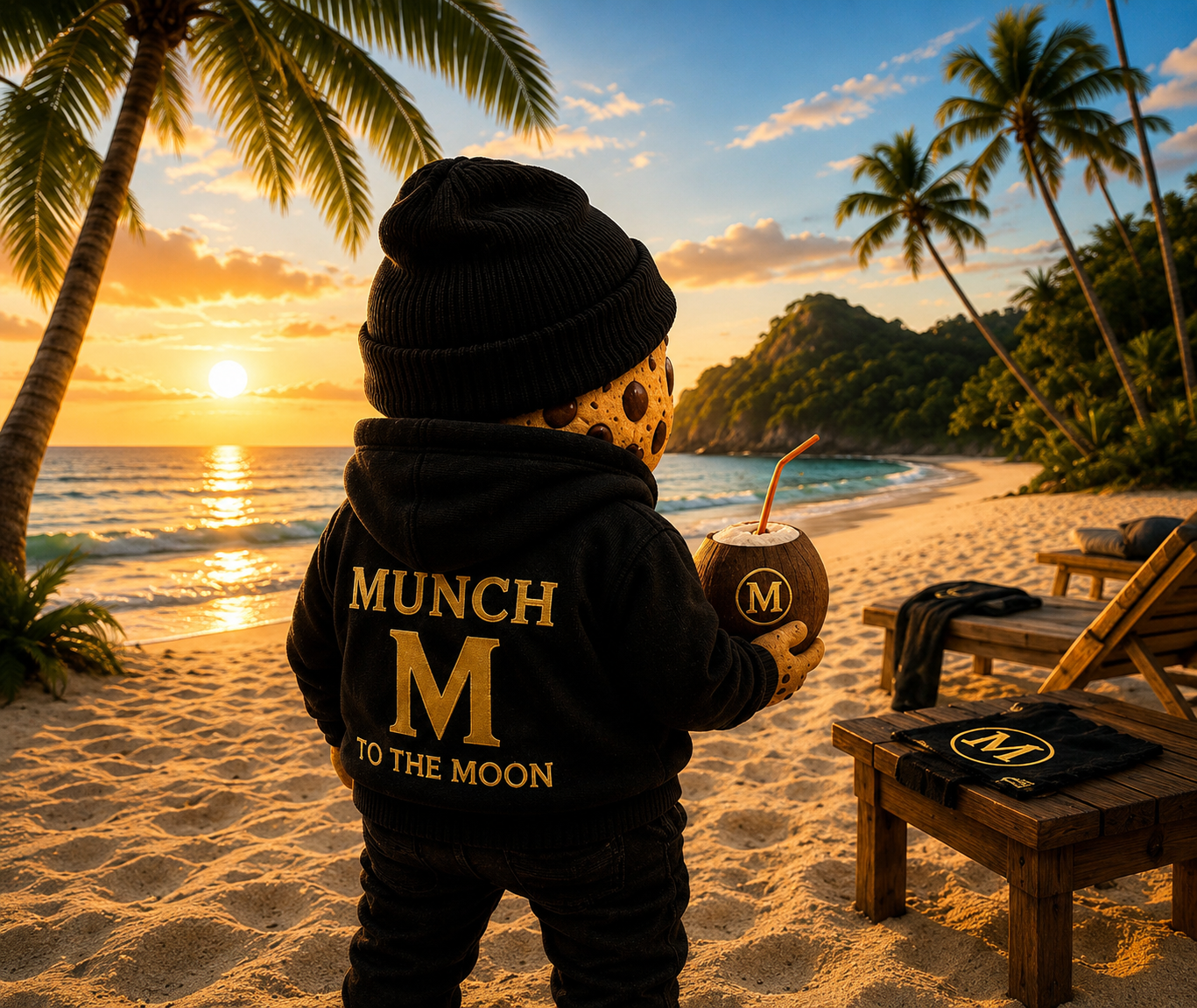 Munch character looking at a beach sunset
