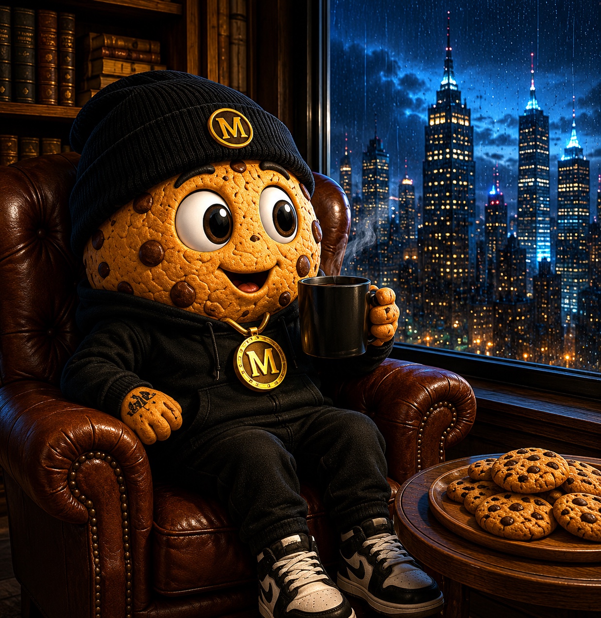 Munch character in a black hoodie and beanie overlooking the city
