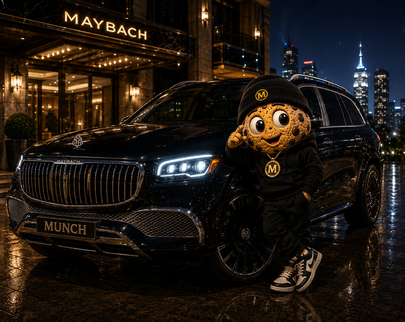 Munch character beside a luxury black car