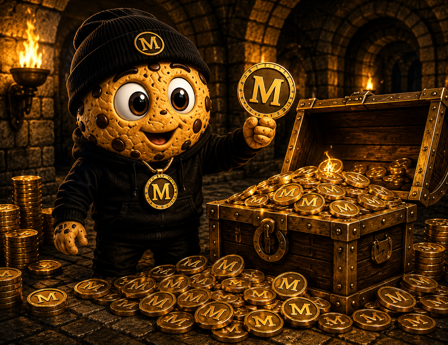 Munch character with a treasure chest full of M coins